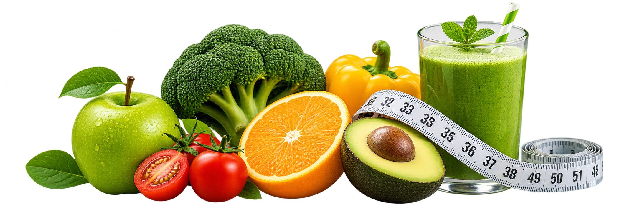 Fresh healthy fruits, vegetables, measuring tape and smoothie